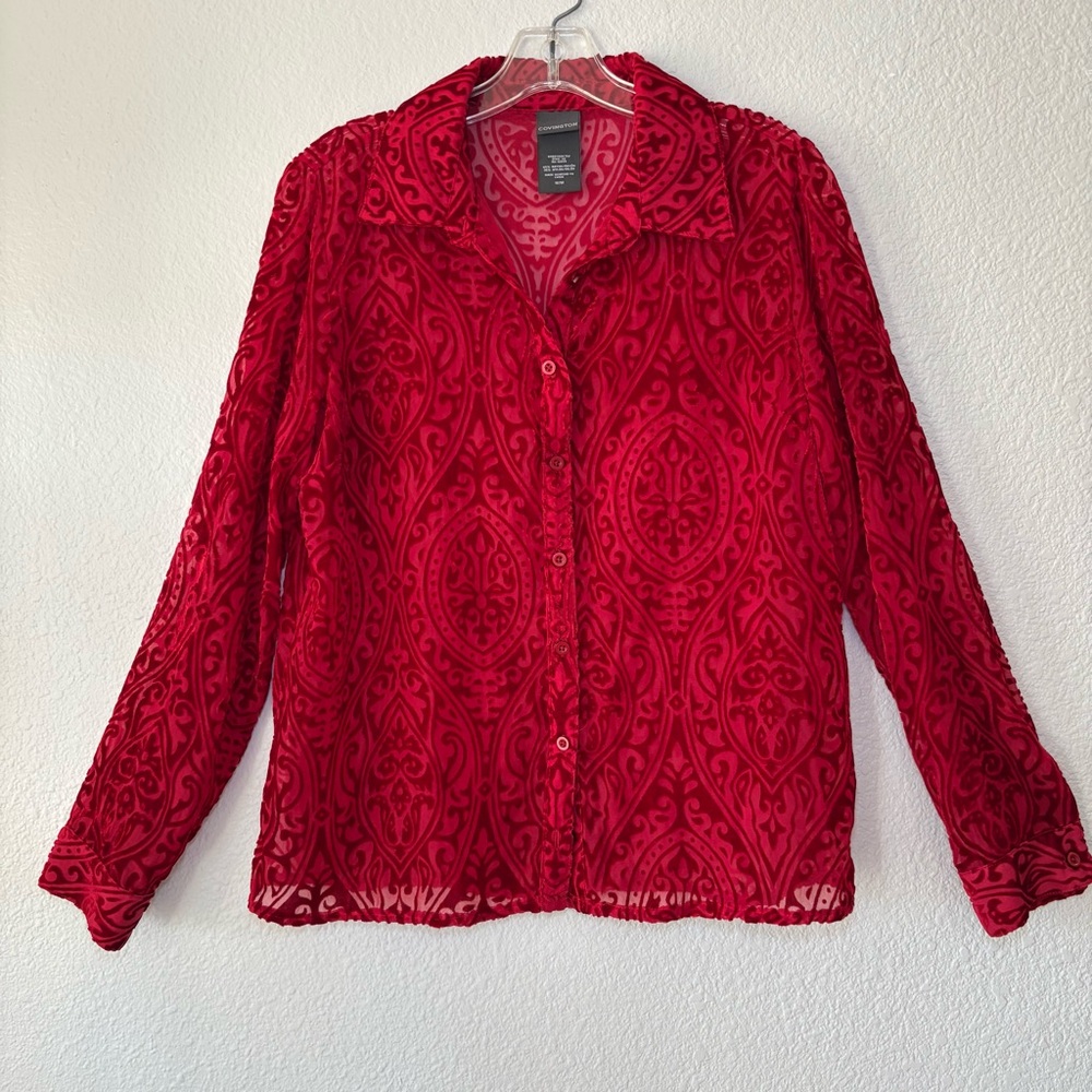 Covington Red Sheer Velvet Burnout Blouse Medium Button Up Long Sleeve Festive